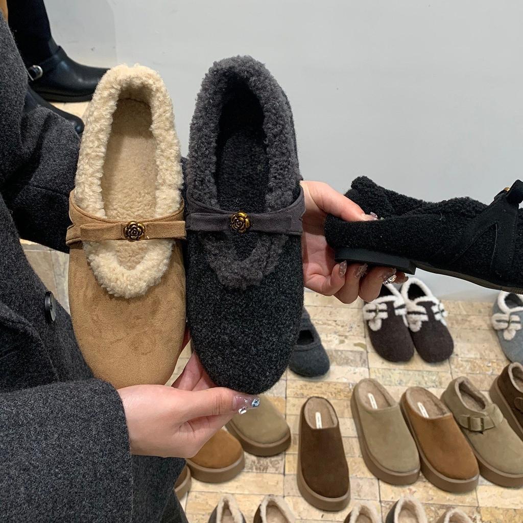 Xiaoxiangfeng bow fluffy shoes velvet single shoes with skirt temperament Mary Jane cotton shoes