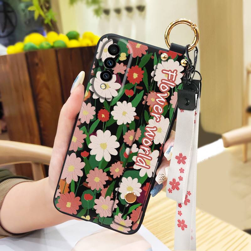 Waterproof Silicone Phone Case For Wiko T50 Ring Phone Holder Dirt-resistant Flower Lanyard Wrist Strap Wristband