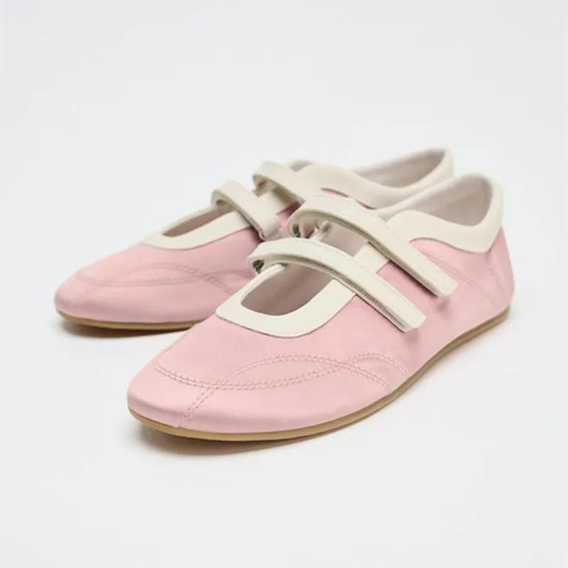Fashion Pink Satin Brand Ballet Flats Women Fashion Round Toe Double Pull Strap Designer Shoes Comfortable Lightweight Non-Slip Sneakers