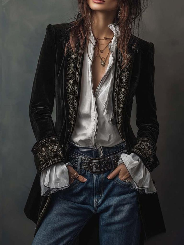 Women's Long Sleeve Solid Color Patchwork Lace Golden Velvet Coat