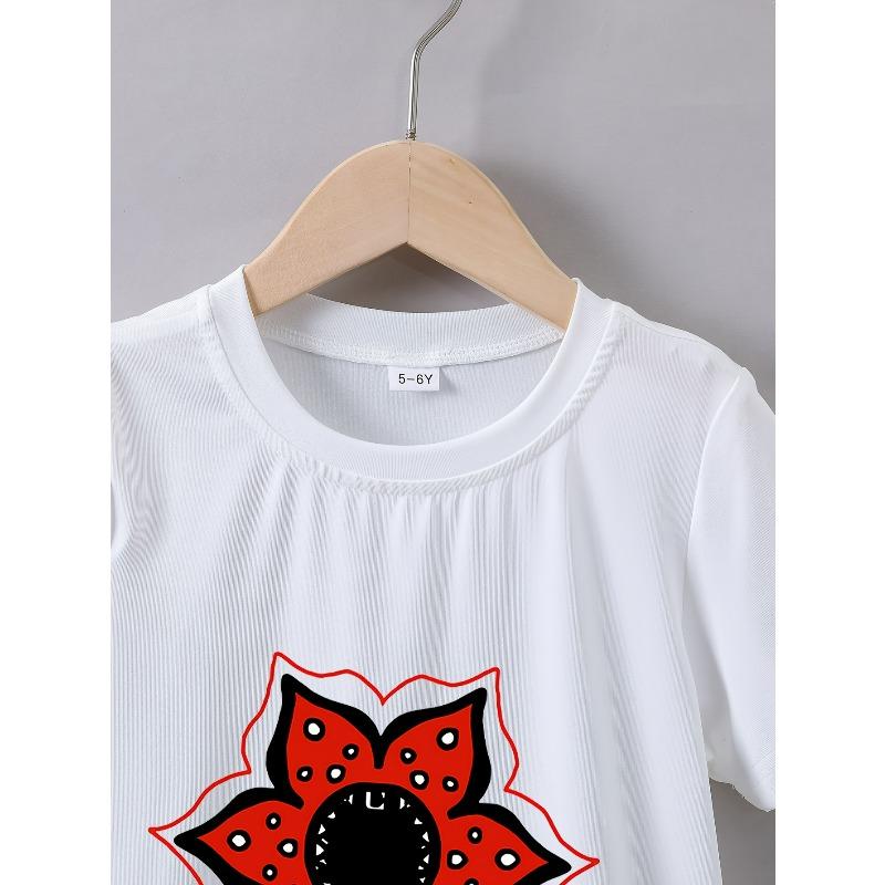 Europäische Größen Kinder Sommer Komfort Monster Blume Cartoon Druck T-Shirt | Jungen Lässiges Rundhals Oberteil mit leicht elastischem Stoff