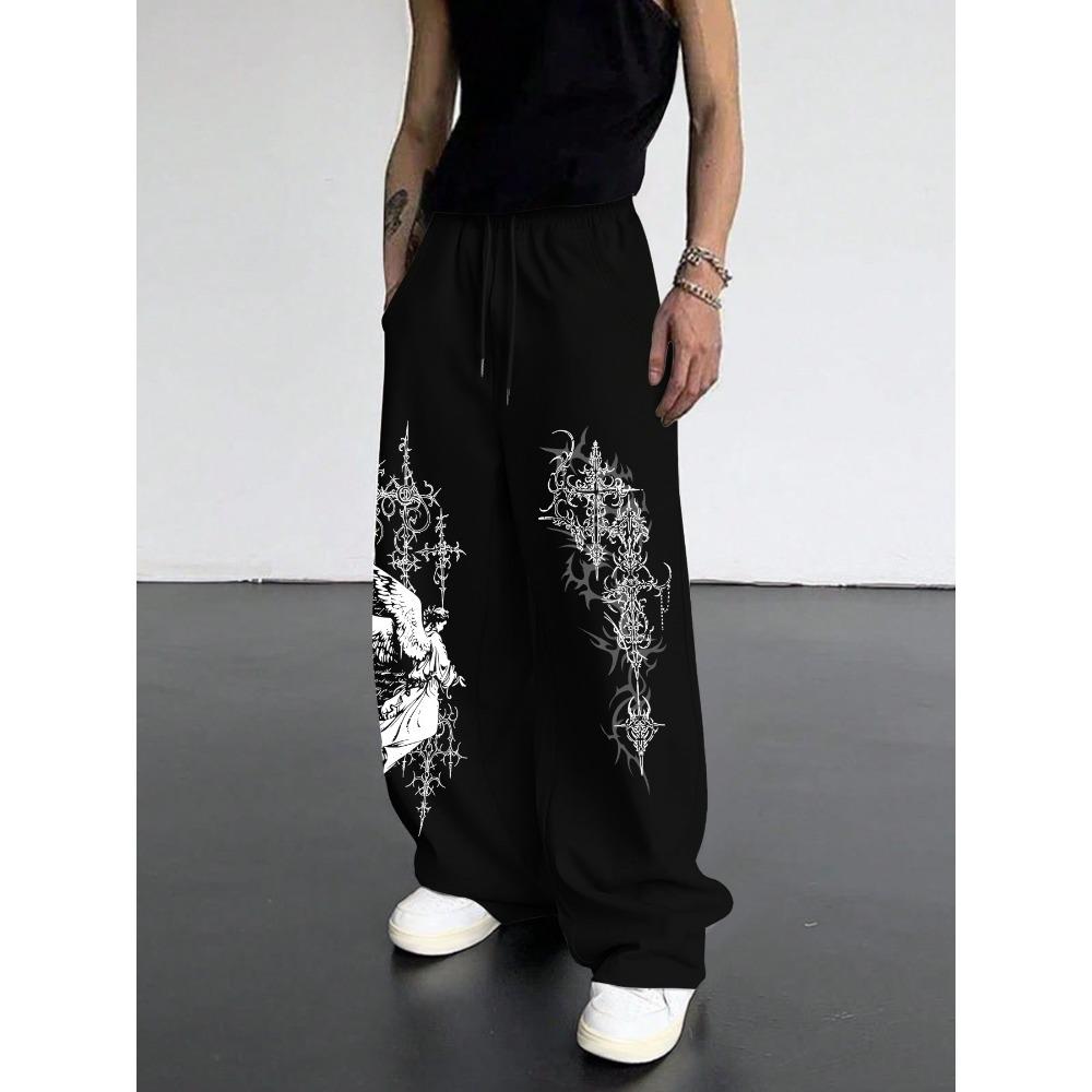 Men s Dark Angel Print Casual Polyester Loose Sports Pants, Street Wear High Street Wide Leg Pants, Fashionable Hip-hop Style S