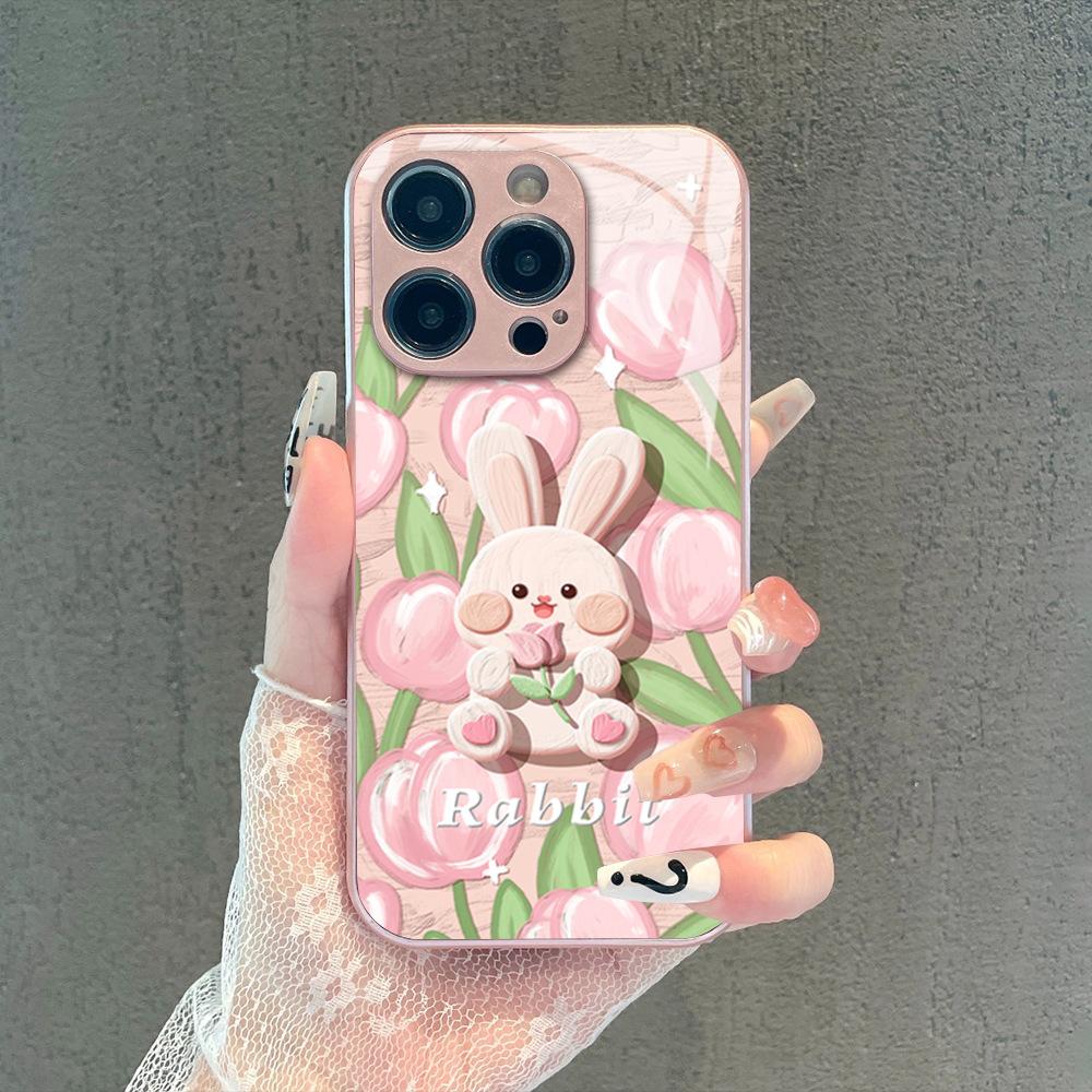 Cute Tulip Rabbit Mobile Phone Case iPhone17 Glass All Inclusive Lens Apple 16promax Protective Case 12