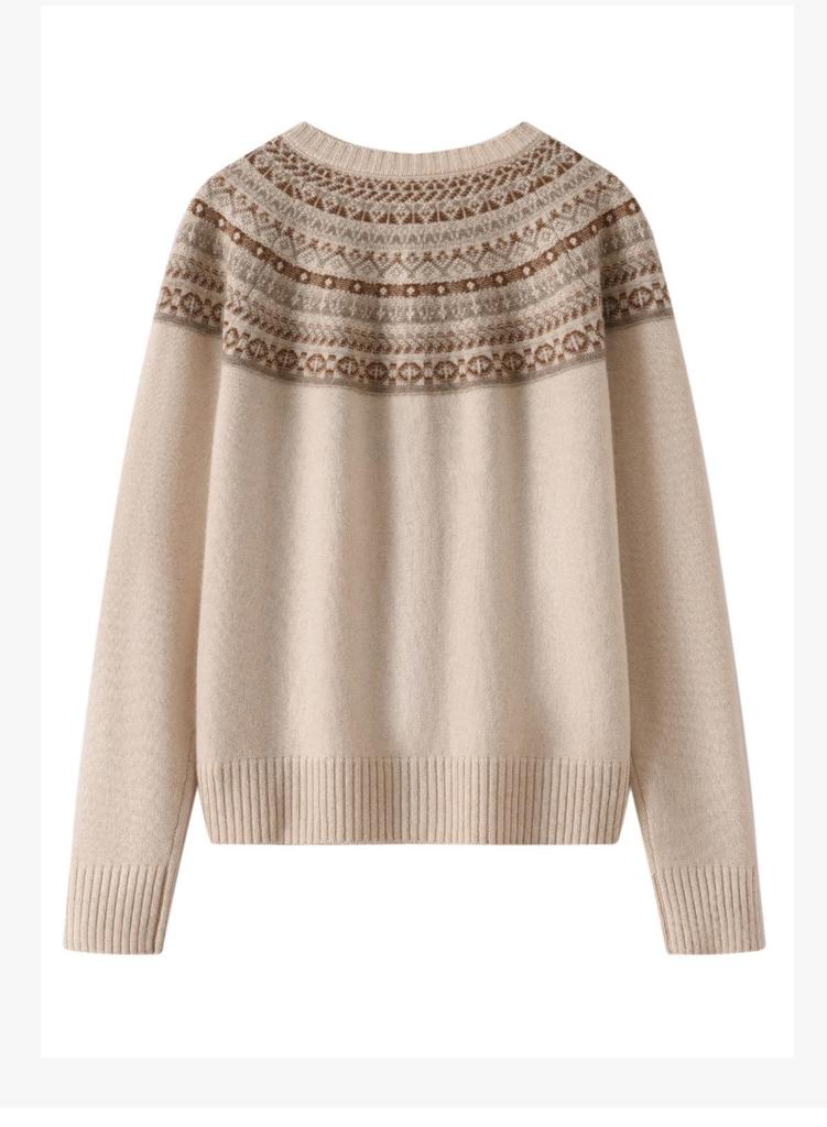 Women's Retro Fair Isle Cashmere Cardigan - Round Neck, Thick Knit, Elegant Autumn/Winter Wool Sweater