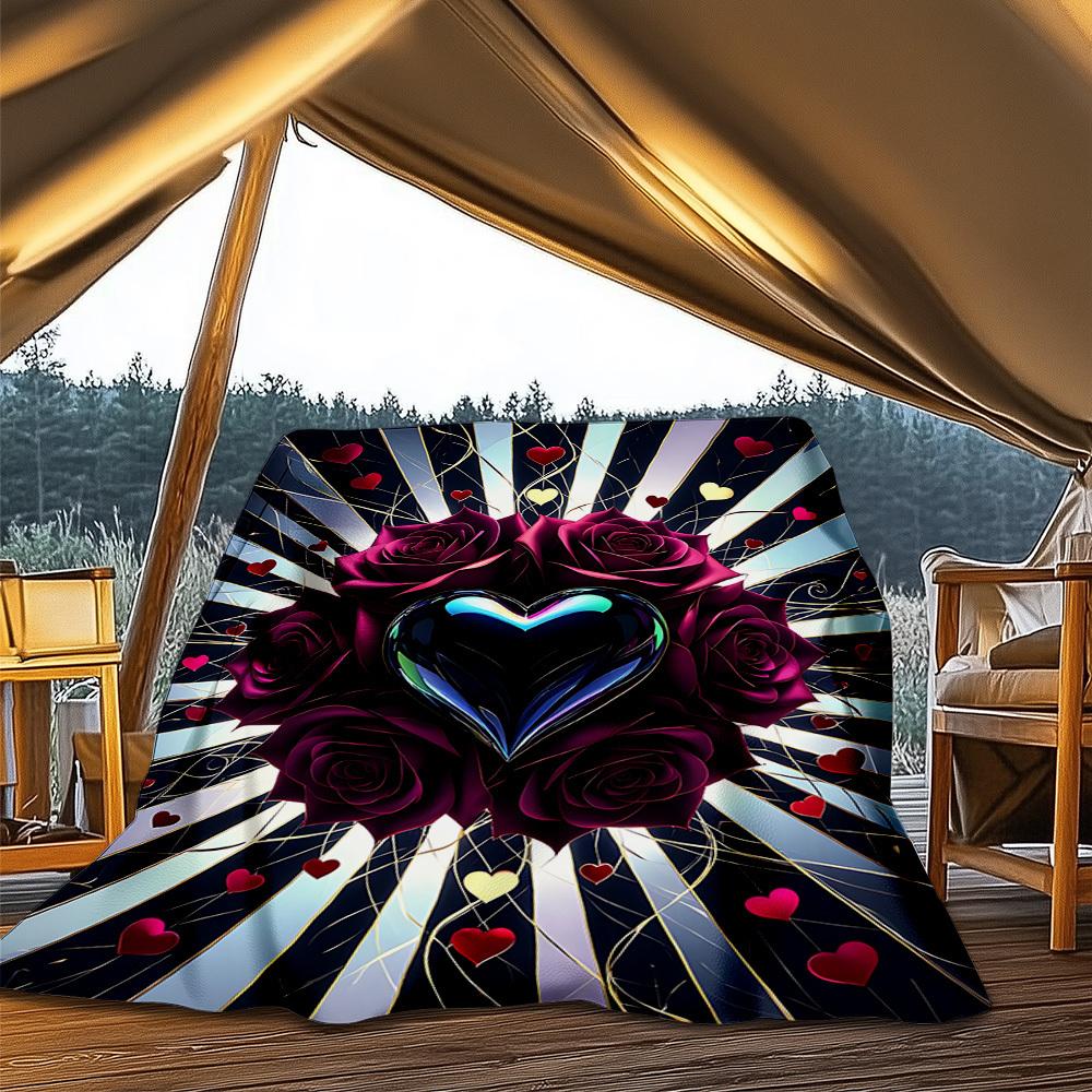 1pc Heart Roses Decorative Print Outdoor Flannel Blanket , Machine Washable Perfect Gift for Birthday , Holiday Travel Accessory , Durable Material