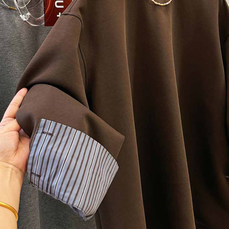 Sweatshirt for Women Cotton Oversize Fleece Thickened Loose False  Two Striped Round Neck Casual Pullover Long Sleeve Top Sweatshirt