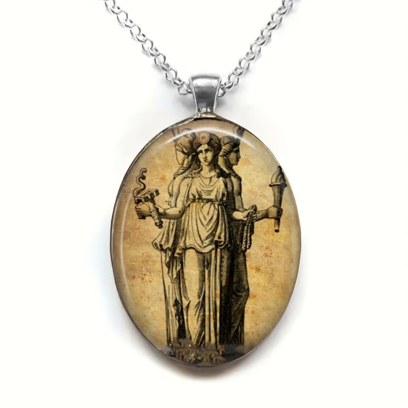 

Torch Statue Hecate Charm Necklace Fashion Religious Jewelry Accessories Gift Retro Glass Oval Statue Mystery Pendant Choker New