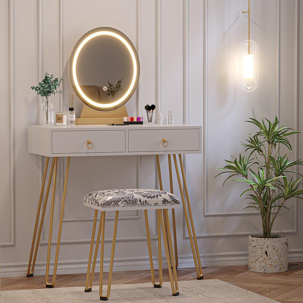 Biely moderný kozmetický stolík s LED stmievacím zrkadlom s 2 zásuvkami, toaletný stolík do spálne pre ženy a dievčatá