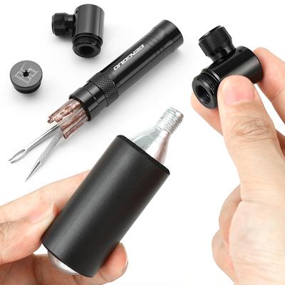 Gonfleur d'air CO2 avec Kit de Réparation pour Pneus Tubeless Valve Schrader & Presta Gonfleur de Pneu Portable Alliage d'Aluminium pour VTT Vélo de Route