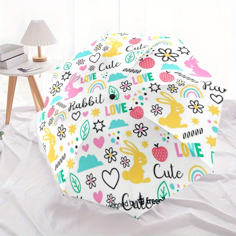 

1pc Cute Rabbit Love Pattern Automatic Folding Umbrella with Black Rubber Handle & 8-Bone Design - Pastel Pink, Yellow, Blue, Iron&8K