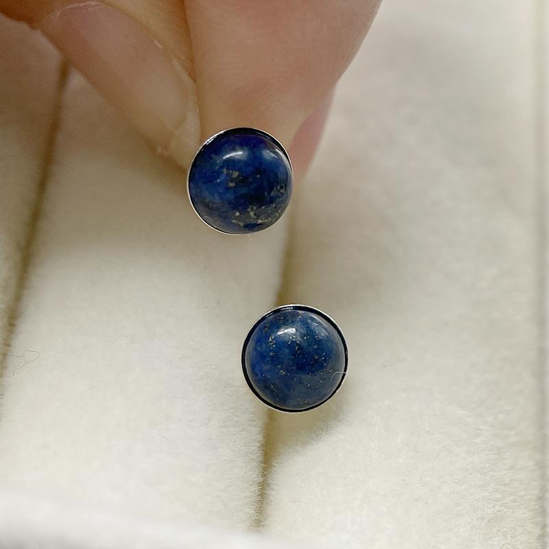 Simple 6mm Round Dark Blue Natrual Lapis Lazuli Stone Pure 925 Sterling Silver Stud Earrings For Women Girls Mens Jewelry Gift синий