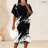 Women Plus Size Two Piece Set Round Neck Batwing Sleeve Black White Printed Ruffle Hem Top Fishtail Skirt