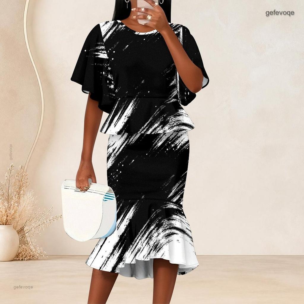 Women Plus Size Two Piece Set Round Neck Batwing Sleeve Black White Printed Ruffle Hem Top Fishtail Skirt