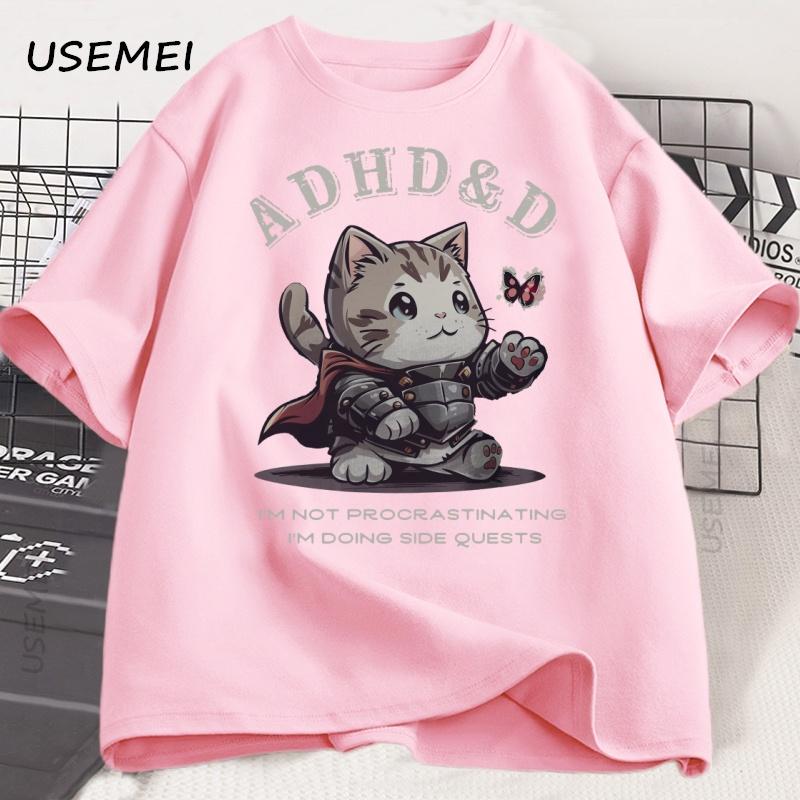 ADHD&D I'm Not Procrastinating Cat T-shirt Funny Graphic Printed Tshirts Cotton Short Sleeve Summer Loose Tees Oversized Tops