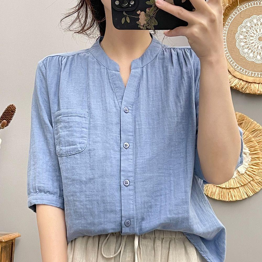 

Ретро маленька блузка з марлі з чистої бавовни з V-подібним вирізом, жіноча, з рукавом середньої довжини, нова літня, корейська, вільна, повсякденна, проста, топ M синій