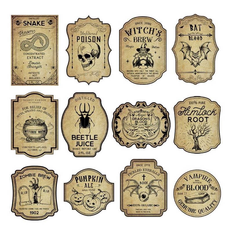Pack of 12 Halloween Wine Bottle Sticker Retro Design Waterproof Paper Halloween Beer Bottle Sticker for Party Decors