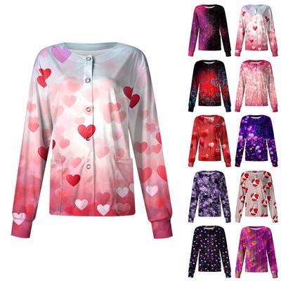 Women's Casual Fashion Stand-up Collar Single Breasted Valentine's Day  Printed Nurses Tops