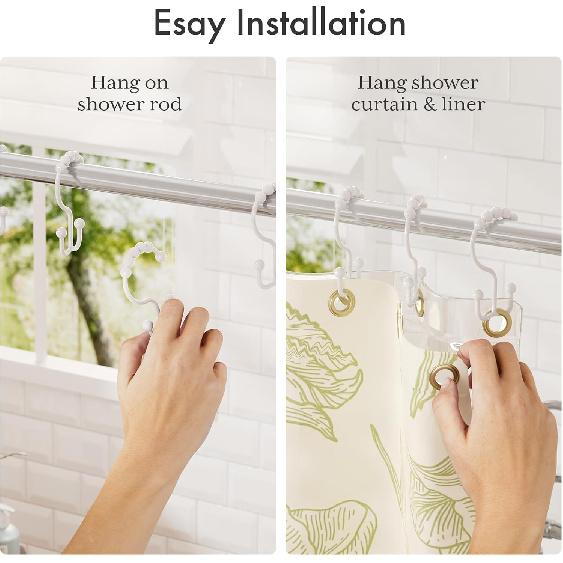 Amazer Plastic Shower Curtain Hooks, Double Shower Curtain Rings, Shower Rings for Shower Curtain, White Shower Hooks for Curtain Liner Bathroom - 12