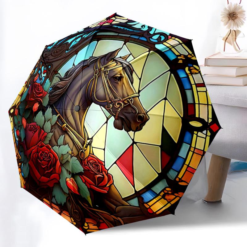 

1pc Automatic Open/Close Umbrella with Horse Design - Lightweight Compact Travel Umbrella, Sturdy 8-Rib Frame, Automatic Foldi Iron&8K