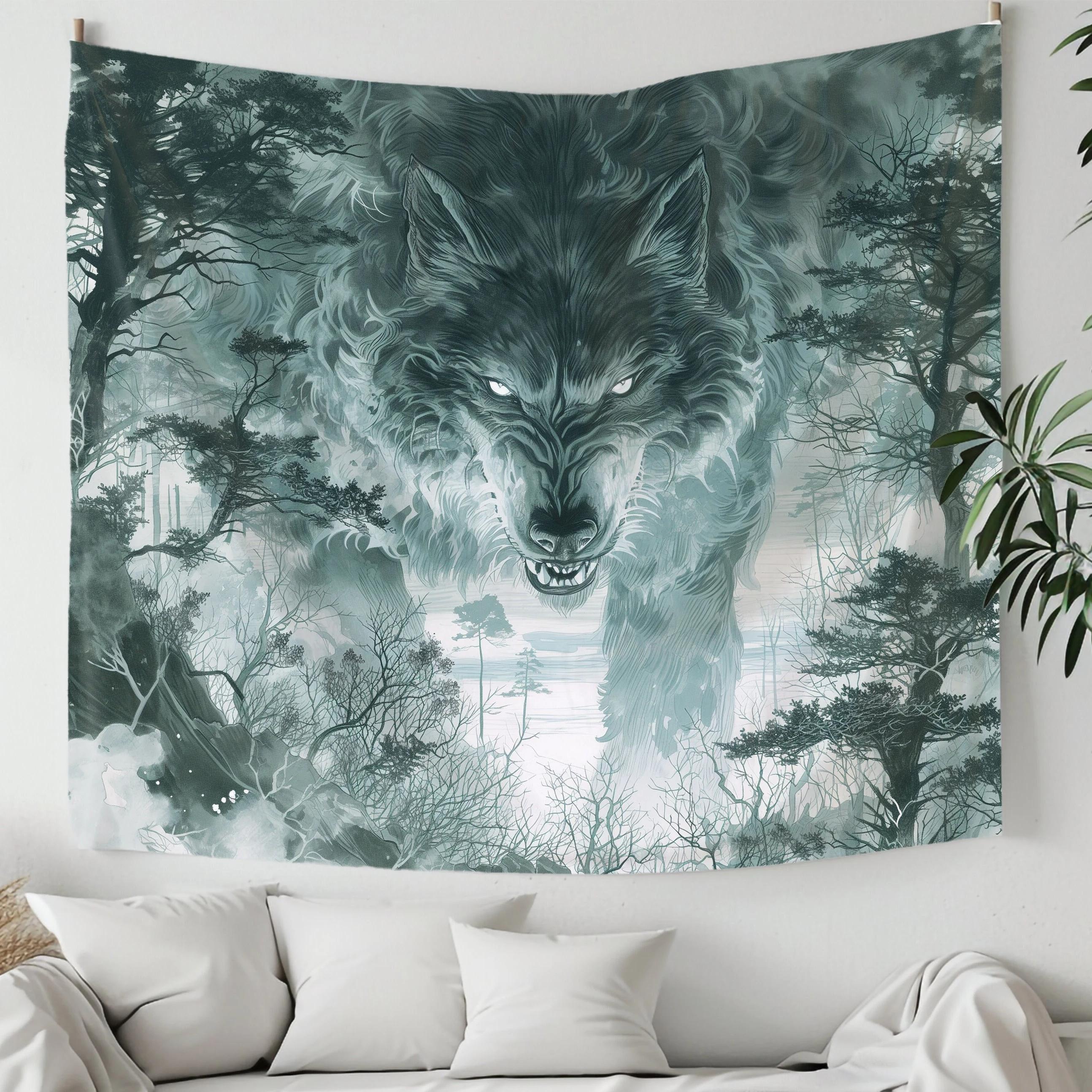 Nordic Mythology Fenriel Tapestry Forest Wolf Background Cloth Dark Black Wind Personalized Decoration Room Decoration 100X70CM
