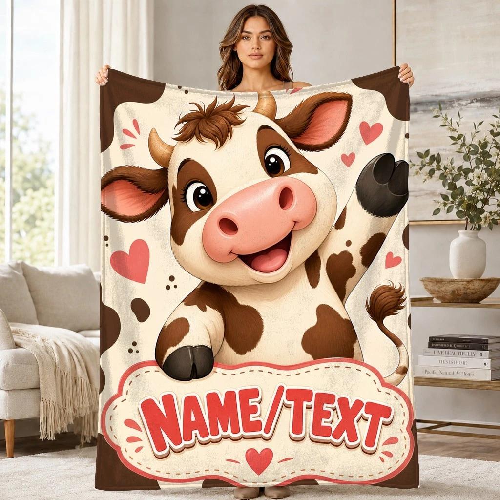 Waving Cow Name Text Coral Fleece Blanket Farm Animal Decor