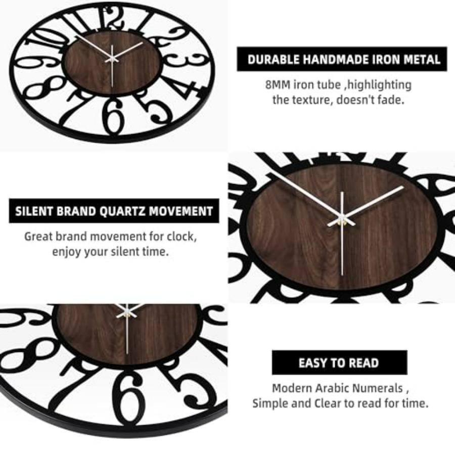 Large Wall Clock for Living Room Decor- 32 Decorative Antique Silent Little Ticking Battery Operated Black Metal Wood Clocks fo