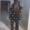 Women Plus Size Two Piece Printed Outfit Irregular Hem Round Neck Three Quarter Sleeve Top Wide Leg Trousers