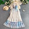 Vestido de Verão Feminino Midi com Estampa Degradê Estilo Vintage, Decote V, Sem Alças, Estilo Férias, Sem Mangas, Saia Grande de Chiffon