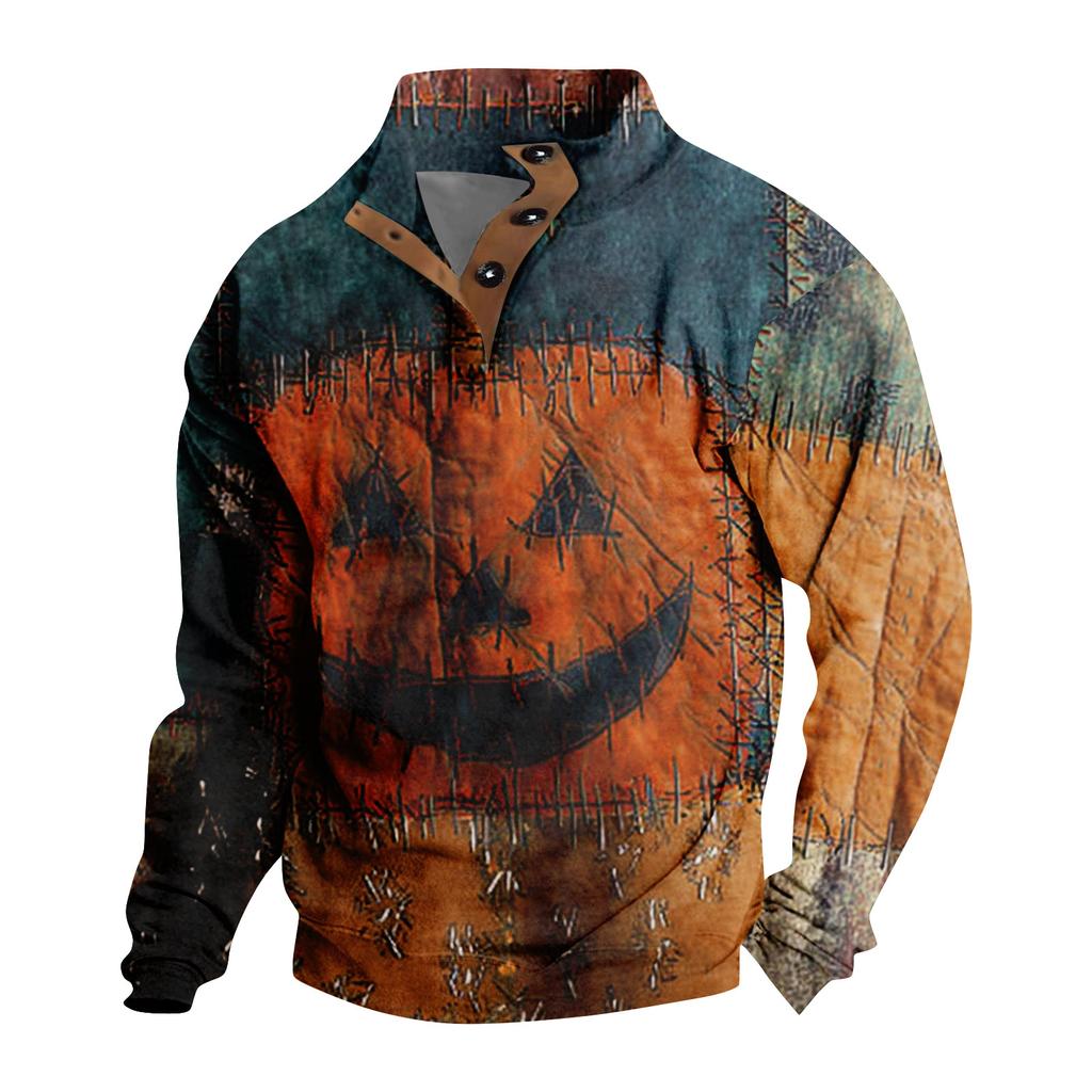 Men's Casual Fashion Christmas Printed Hoodless Sweatshirt Wide Men's Loose Button Stand Collar Hooded Sweatshirt