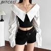 BITCED Autumn Women's Solid-Colour Slim-Fit Cropped Streetwear V-Neck Long-Sleeved Top