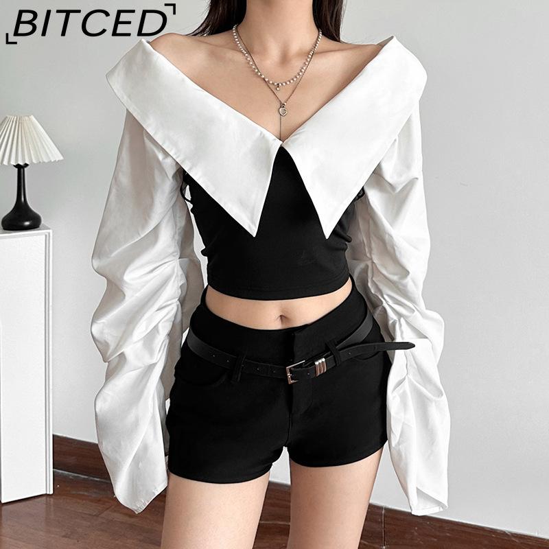 BITCED Autumn Women's Solid-Colour Slim-Fit Cropped Streetwear V-Neck Long-Sleeved Top