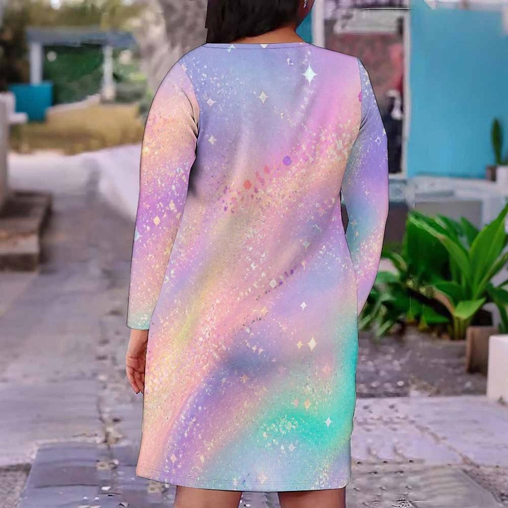 Damen Übergröße V-Ausschnitt Langarm Mehrfarbig Bedruckt Figurbetont Gerades Kleid
