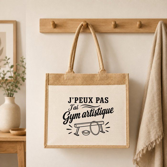 Sac Cabas Jute avec Poche J’peux pas j’ai Gym artistique J'peux pas minimaliste | Toile de Jute et Coton 21 L Fond Plat Anses 65 cm