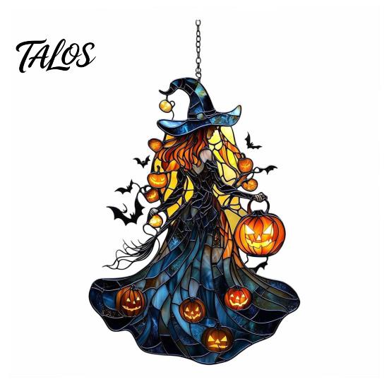 Colorful Witch Silhouette Decor Acrylic Suncatcher, Stained Glass Effect Window Car Hanging Ornament, Gothic Scary Decorative Sun Catcher with Pumpkin