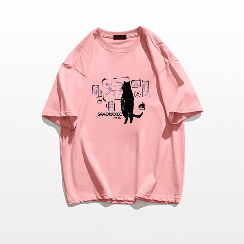 

Pure cotton design American Hong Kong flavor short-sleeved t-shirt women s summer loose and unique chic half-sleeved couple s top tide 3xl (recommended 85-95kg ) рожевий
