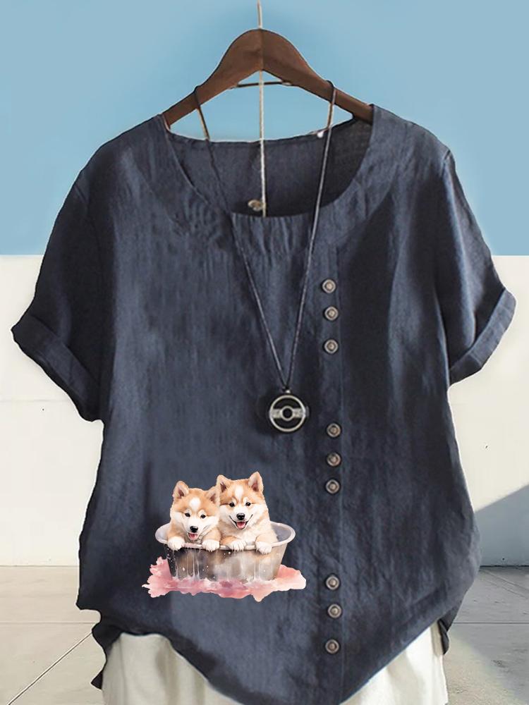 Women's Fashion Couple Dog Print Round Neck Short Sleeve T-shirt Summer Casual Cotton Linen Graphic Shirt Leisure Loose Blouse Tops