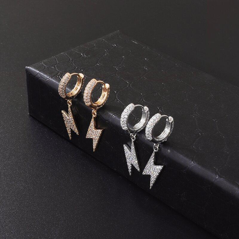 Trend Hip Hop Ice Out Cubic Zirconia Huggie Earrings Lightning Pendant Men Women Silver Color Anti-Allergy Earrings Cool Jewelry