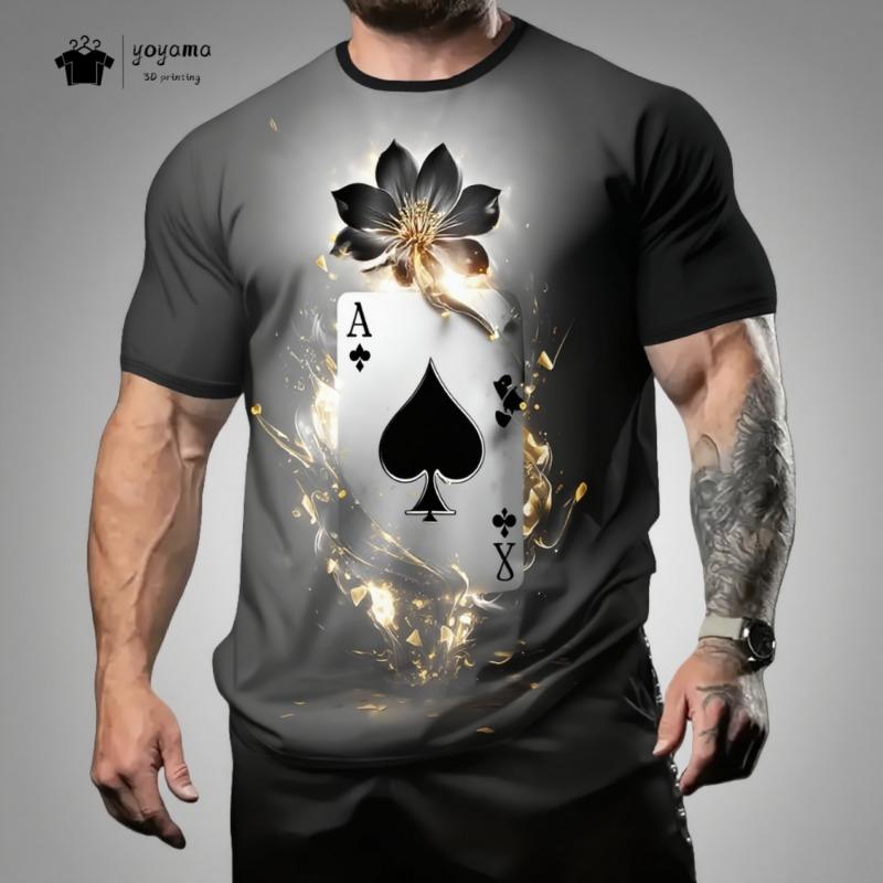 Street Men's T-Shirt 3D Poker Print Men's Top Summer Trendy Versatile Men's Short Sleeved Tee Fashion Round Neck Men's Clothing