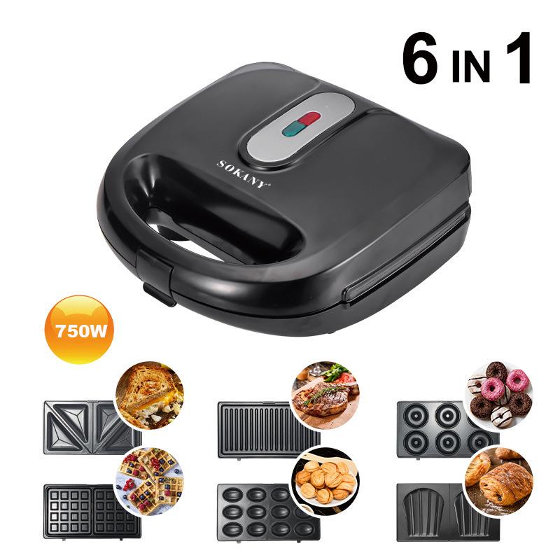 Multifunctional Breakfast Machine: Toaster, Waffle & Sandwich Maker, Nut Maker, 6-in-1 Light Meal Appliance EU 220V чёрный