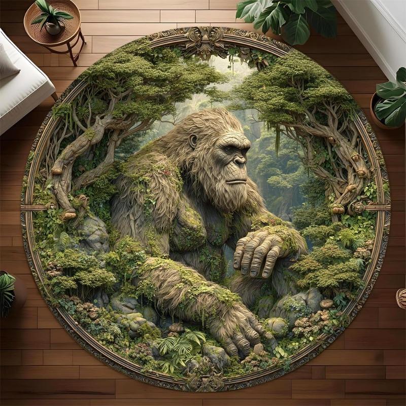 Gorilla Forest Round Rug Mysterious Low Poly Pine Woods Non-Slip Soft Floor Mat Gothic Outdoor Themed Home Decor Carpet