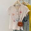 Women's 2025 Summer Slimming Printed Round Neck T-Shirt with Straight Shoulder Design and Short Sleeves