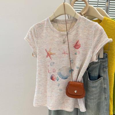 Women's 2025 Summer Slimming Printed Round Neck T-Shirt with Straight Shoulder Design and Short Sleeves