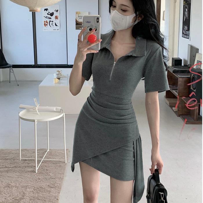 New Short-sleeved Polo Dress for Women's Summer Irregular Waist-wrapped Hip Short Skirt, Thin Spice Girl Skirt