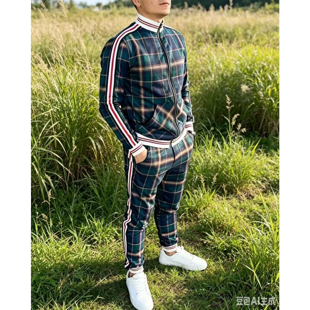Men Set Tracksuit 3D Plaid Sports Gentlemen Set Jacket Street Fashion Trend Fashion Zipper Sportswear Suit