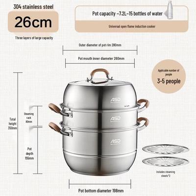 304 Stainless Steel 26CM 3-Layer Steamer Pot