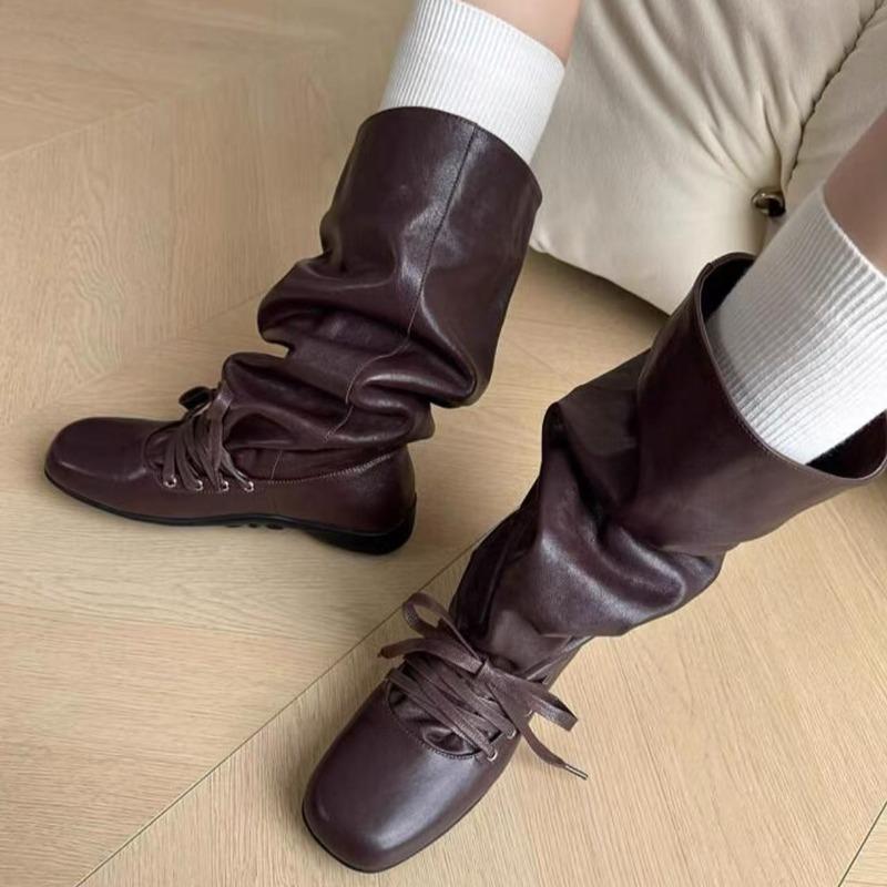 Módní kozačky do půli stehen Podzimní Nové Kulatá špička Rukáv Šněrování vpředu Měkká podrážka Odolné proti opotřebení Nízký podpatek Boty