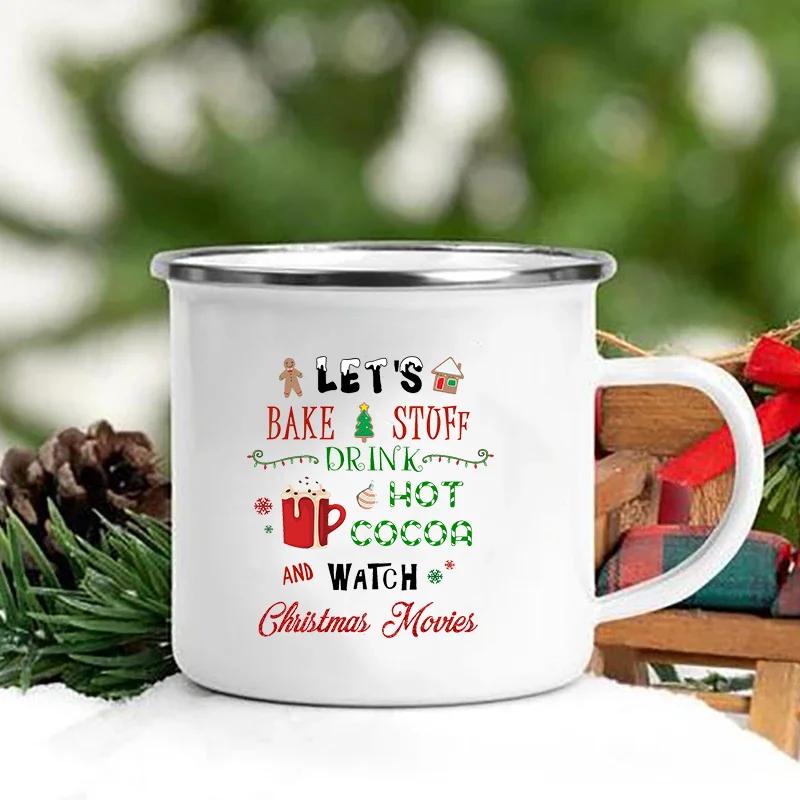 Merry Christmas Print Creative Enamel Coffee Tea Wine Drink Mug Dessert Hot Cocoa Milk Cup Cake Mugs Handle Drinkware Xmas Gifts