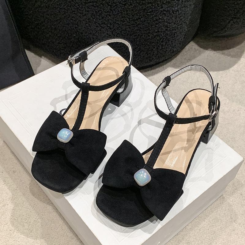 High Heels Women's Summer 2025 New Pearl Bow with Hollow Square Head Middle Heel Fashion Sandals Women