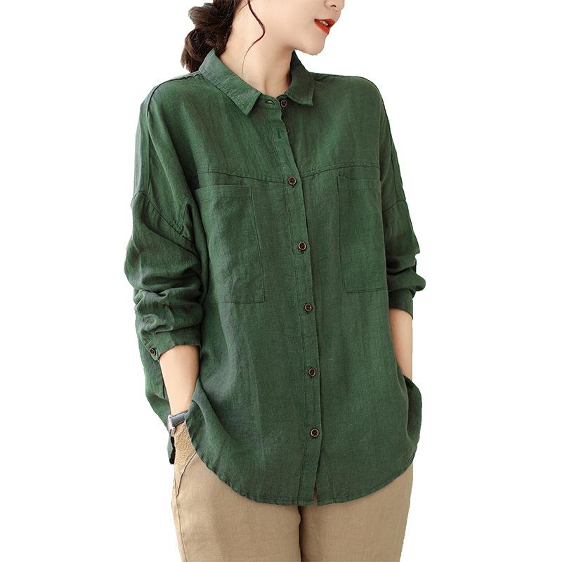 Autumn Cotton Linen Blouses & Shirts Lapel Artistic Loose Casual Long Sleeved Cardigan Solid Color Shirt for Women