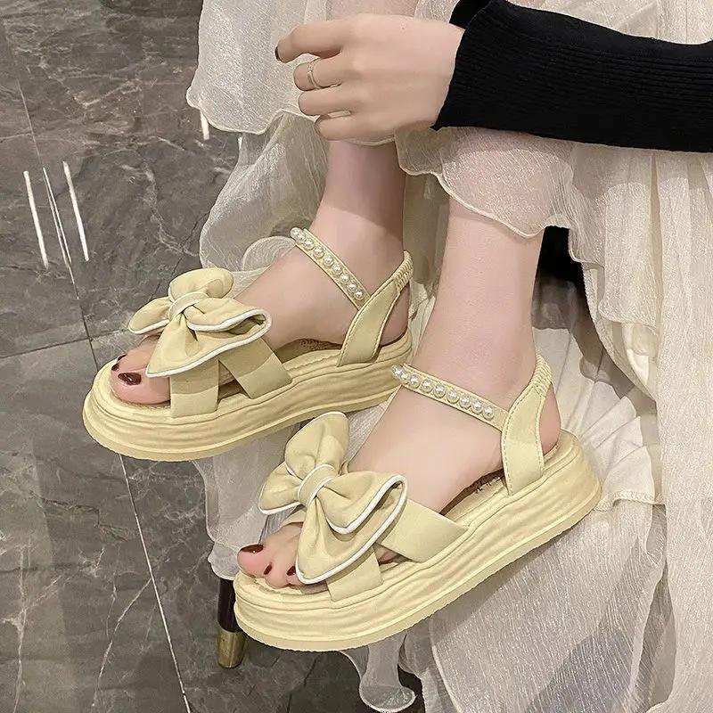Wedge with Platform Waterproof Apricot Outdoor Pearl Ladies Shoes Open Toe Sandals for Women Bow Summer 2025 Footwear Flat Sale